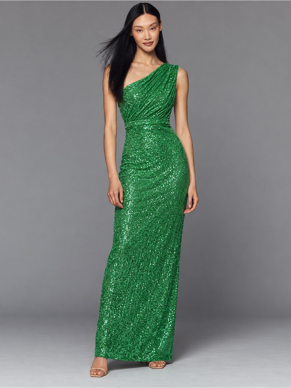 NWT Mac Duggal Emerald Sequin One Shoulder Formal Gown Maxi Dress Sz 4